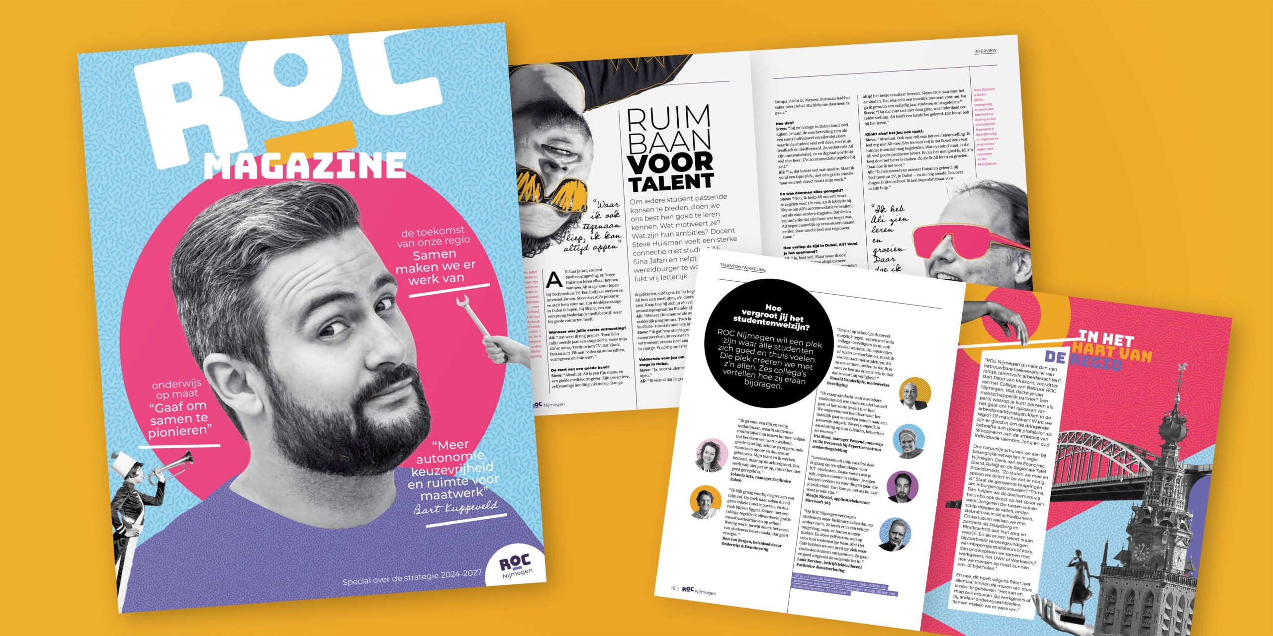 Cover en pagina’s van ROC Magazine met studenten, interviews en kleurrijk ontwerp.