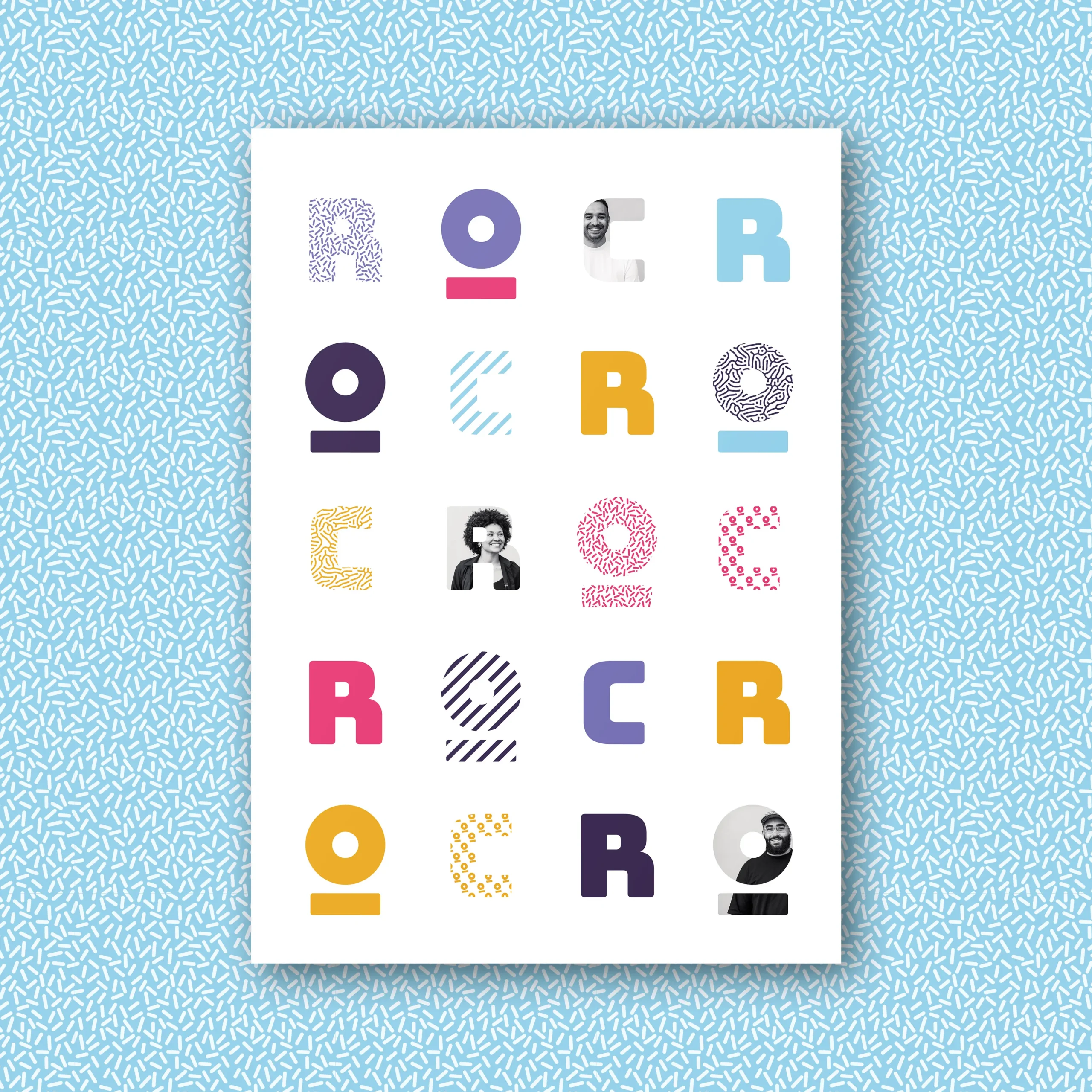 Kleurrijk patroon van ROC Nijmegen met letters en portretfoto’s van studenten.