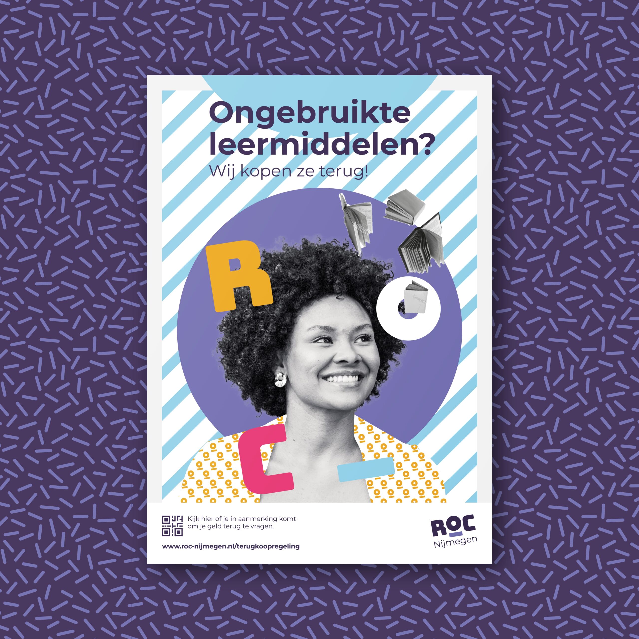 Kleurrijke poster van ROC Nijmegen met lachende student en tekst over terugkoop van leermiddelen.