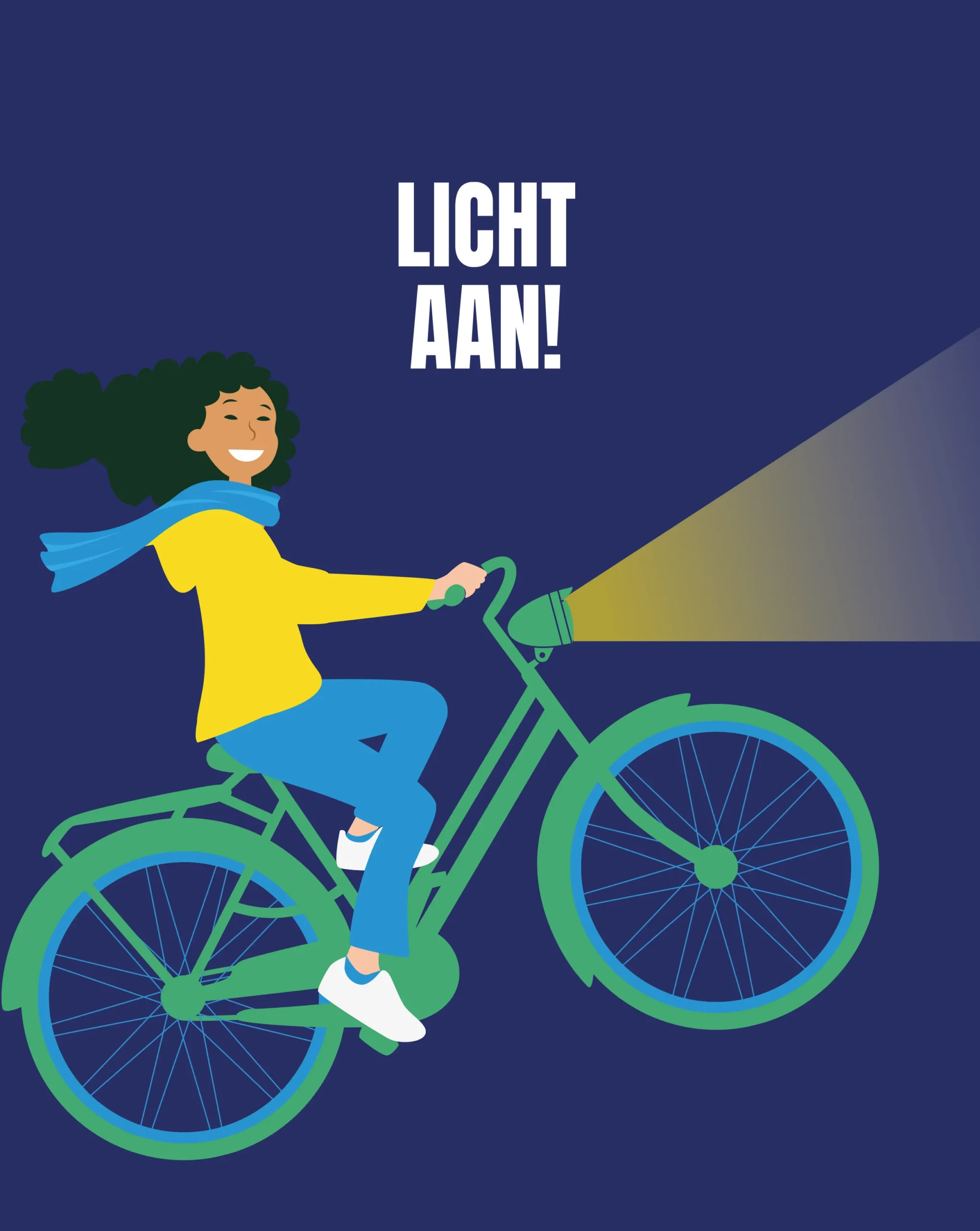Illustratie van vrouw op de fiets met een verlichtte koplamp
