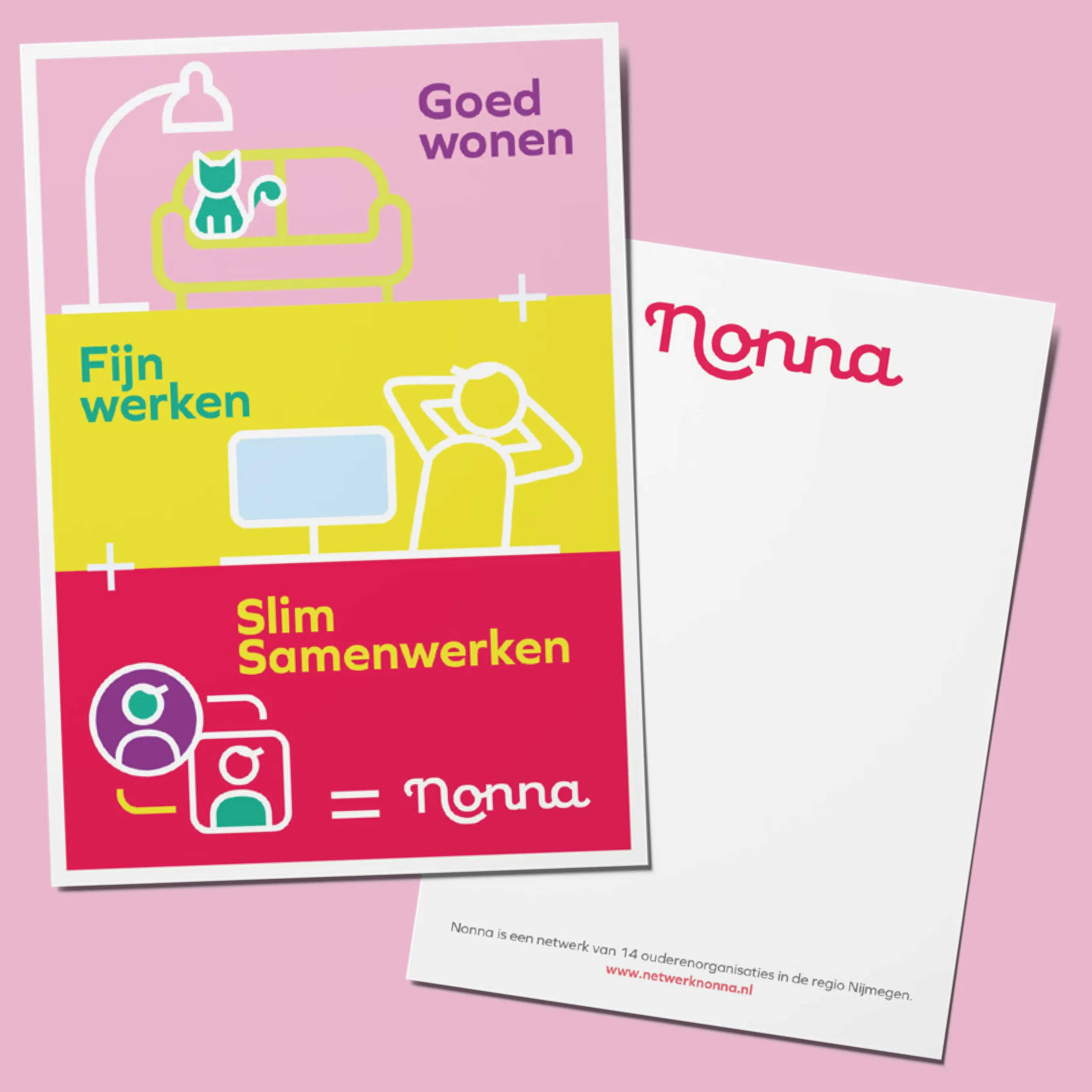 Kaartje met illustraties uit de huisstijl van Nonna op roze achtergrond.