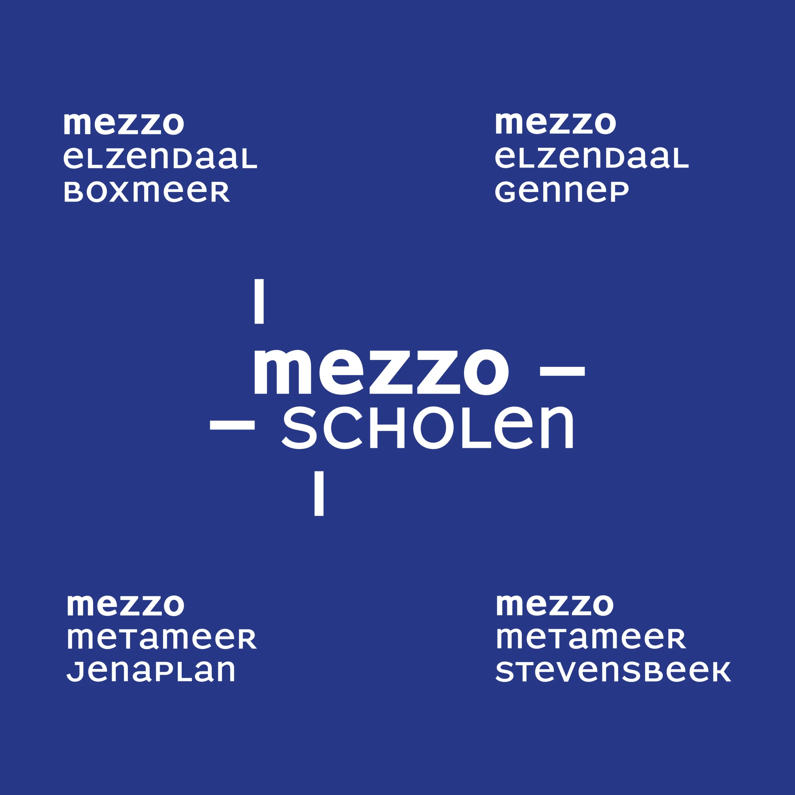 Visuele opstelling van het Mezzo Scholen-logo met sublocaties in wit op blauw.